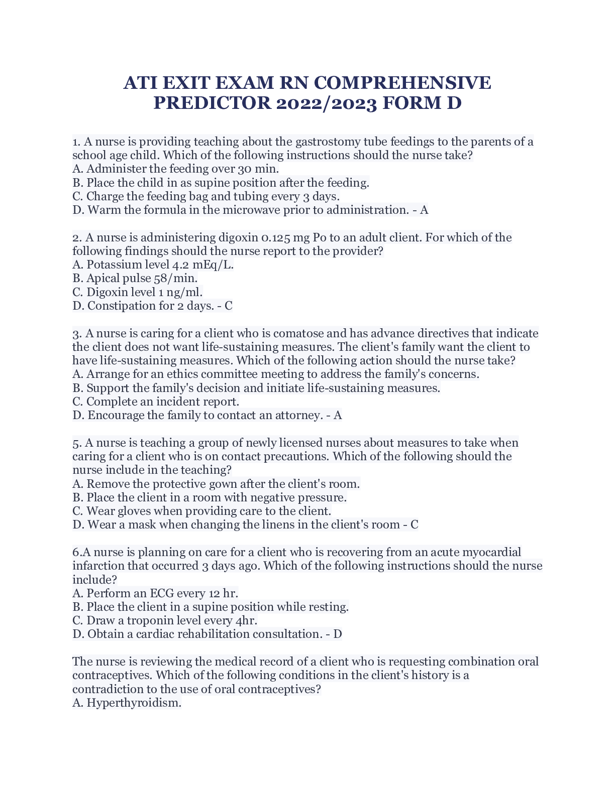 Preview image for ATI EXIT EXAM RN COMPREHENSIVE PREDICTOR UPDATED